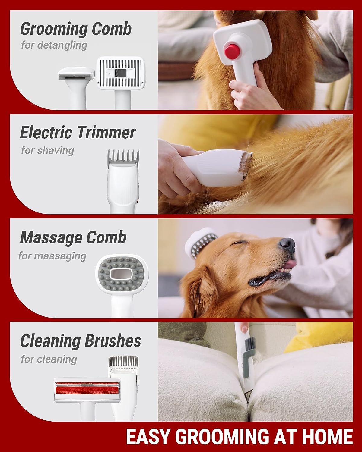VacLife Pet Hair Vacuum For Shedding Grooming With Dog Clipper - Multipurpose Dog Grooming Kit With Brushes And Other Grooming Tools For Dogs And Cats - Low-Noise - White And Red