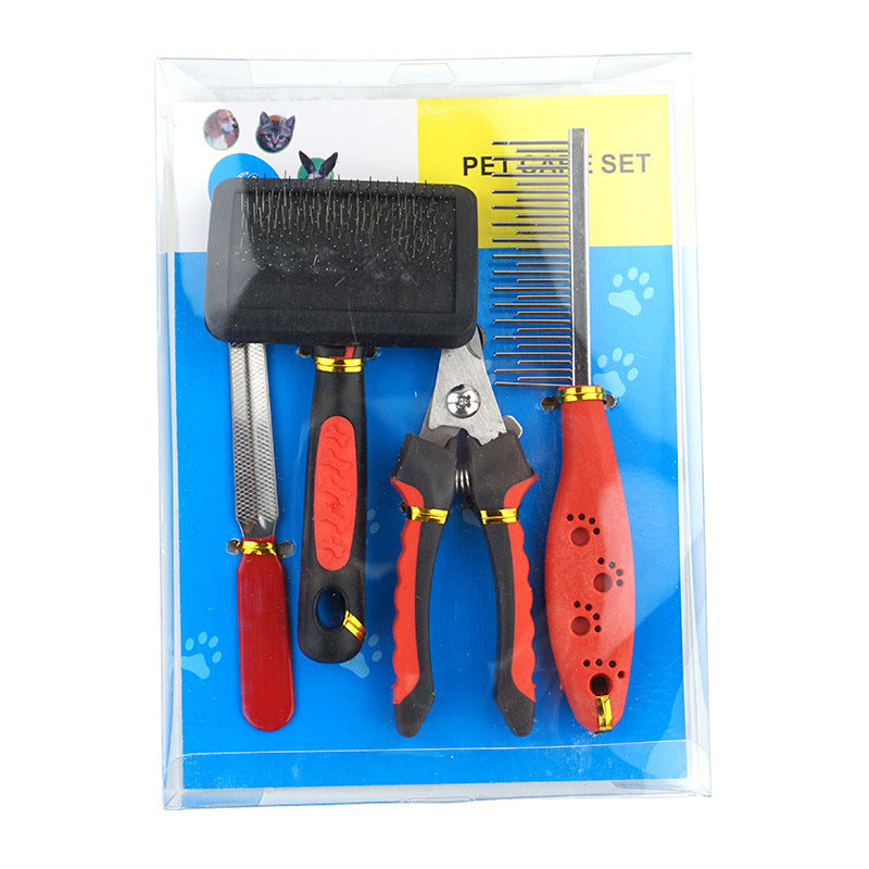 Dog Grooming Four-piece Comb Brush Nail Scissors File Cleaning Kit