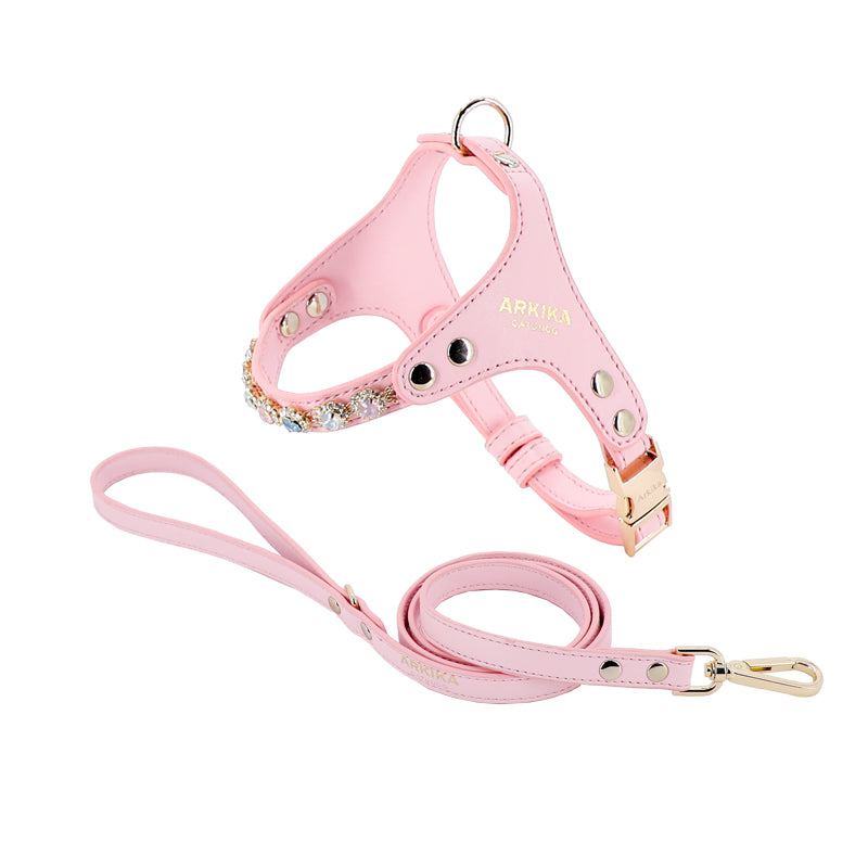 Dog Harness And Leash Rhinestone PU Leather Adjustable