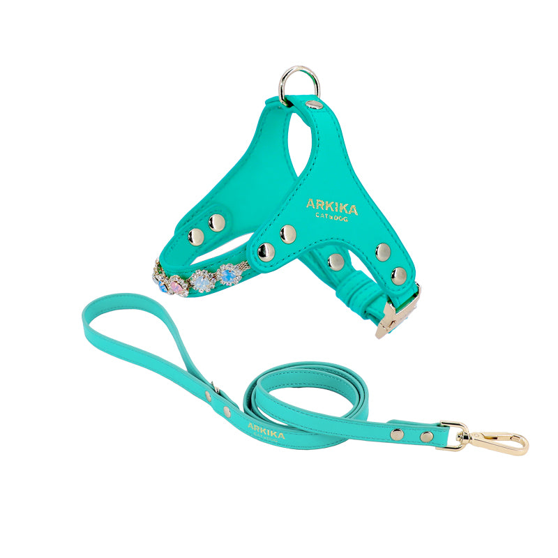 Dog Harness And Leash Rhinestone PU Leather Adjustable