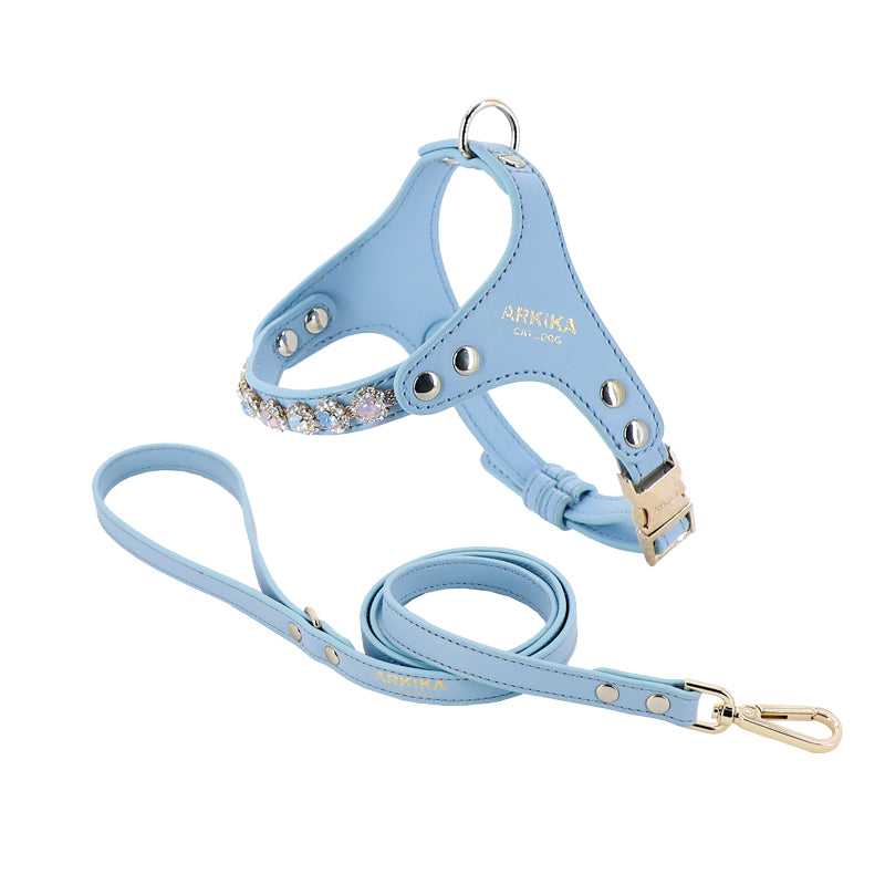 Dog Harness And Leash Rhinestone PU Leather Adjustable